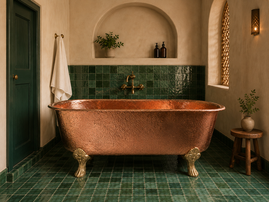 handmade solid copper slipper bathtub with hammered surface, rolled rim and decorative claw feet