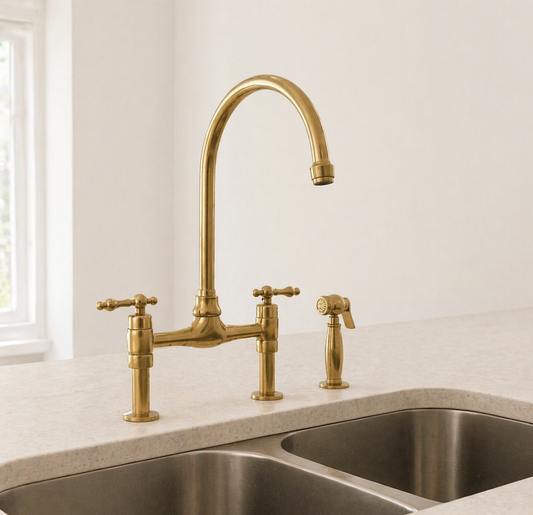 Bridgeford Unlacquered Brass Kitchen Bridge Faucet with Side Sprayer
