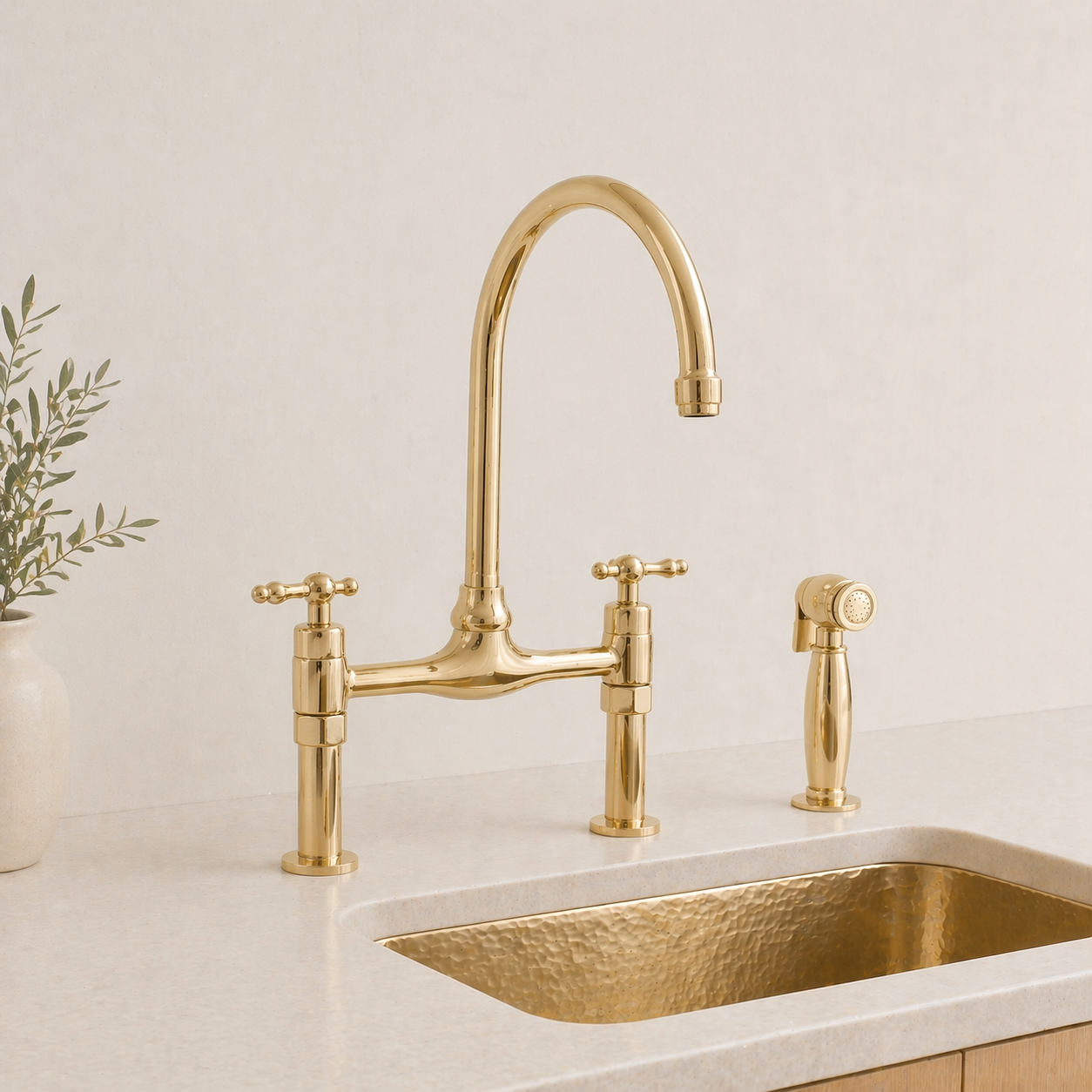 Bridgeford Unlacquered Brass Kitchen Bridge Faucet with Side Sprayer