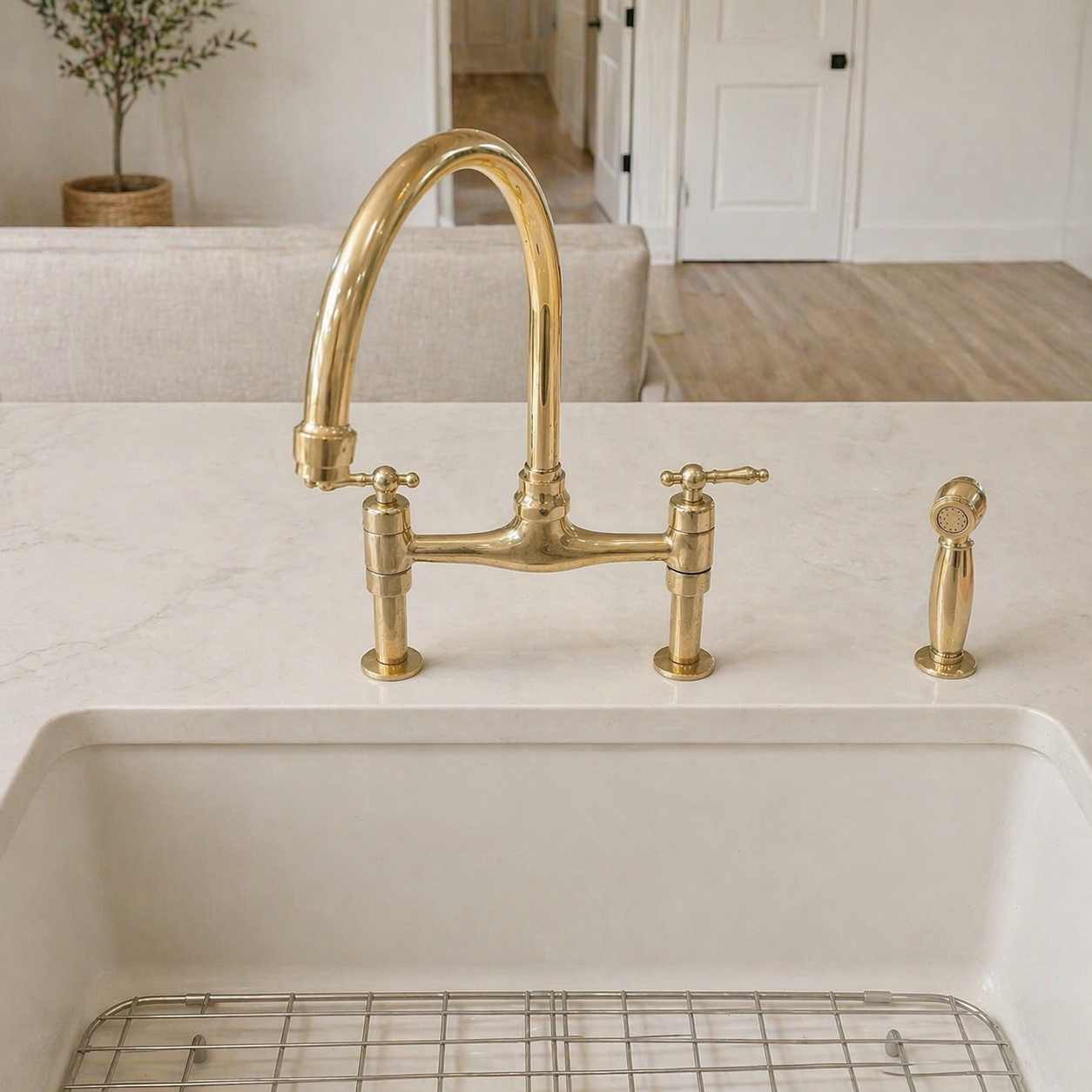 Bridgeford Unlacquered Brass Kitchen Bridge Faucet with Side Sprayer