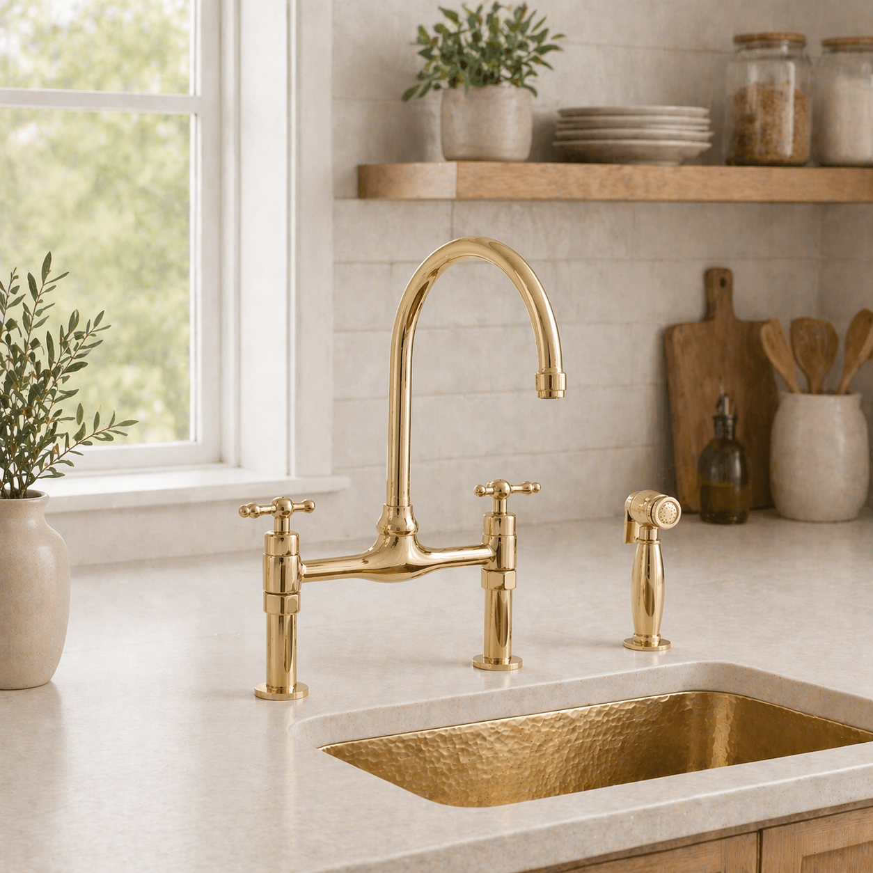 Bridgeford Unlacquered Brass Kitchen Bridge Faucet with Side Sprayer