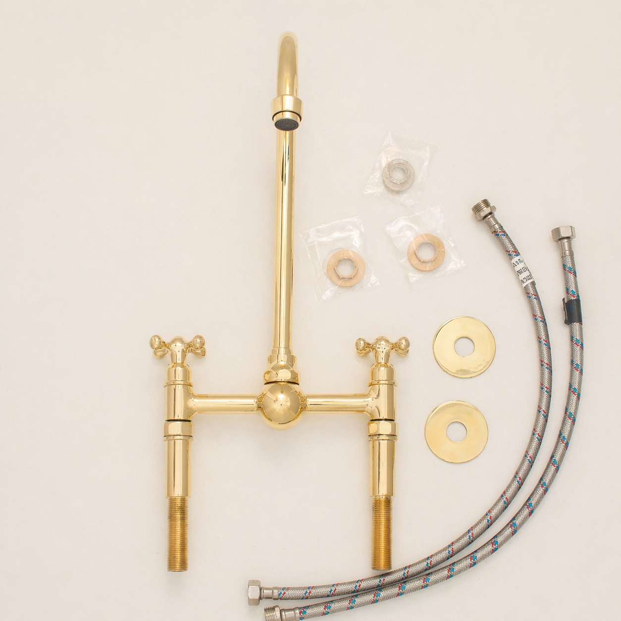 Unlacquered Brass Bridge Kitchen Faucet with Simple Cross Handles