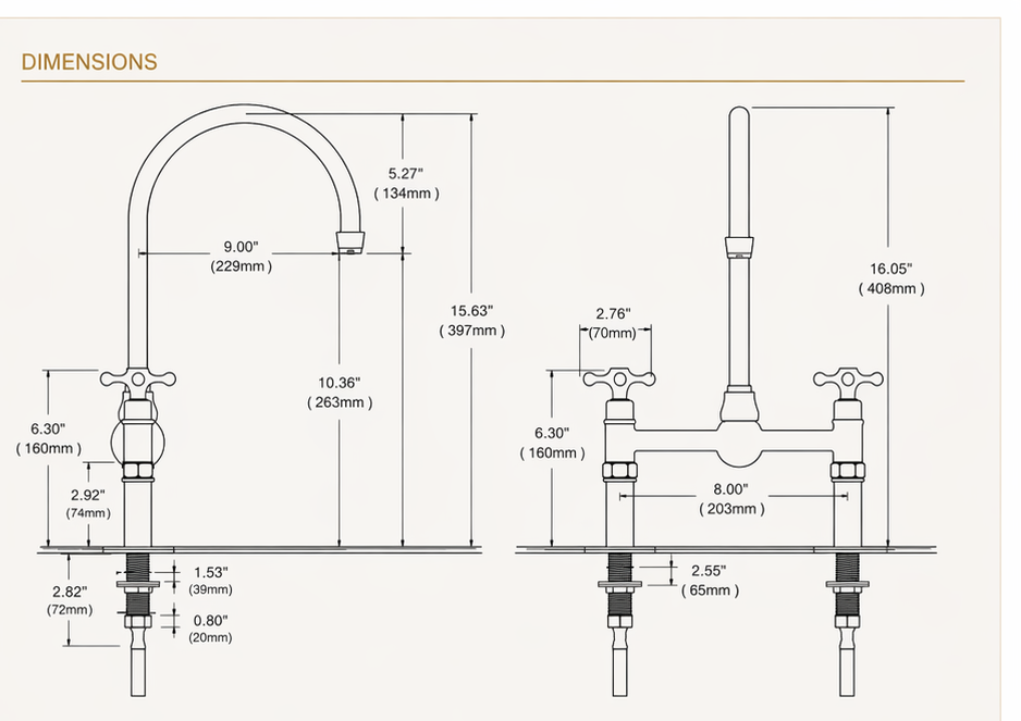 Unlacquered Brass Bridge Kitchen Faucet with Simple Cross Handles