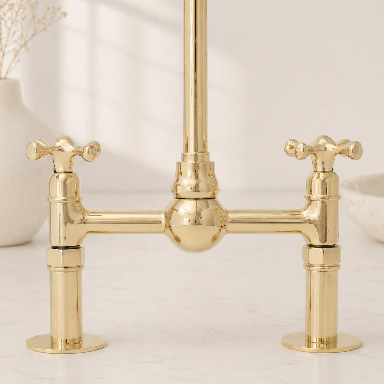 Unlacquered Brass Bridge Kitchen Faucet with Simple Cross Handles