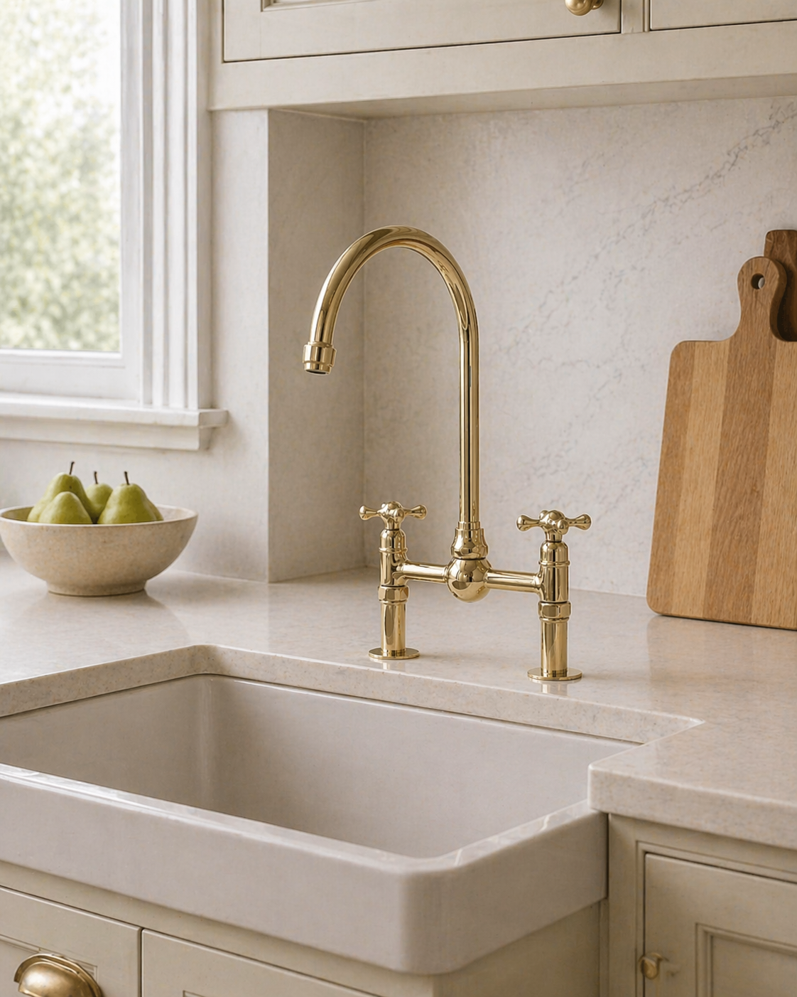 Unlacquered Brass Bridge Kitchen Faucet with Simple Cross Handles