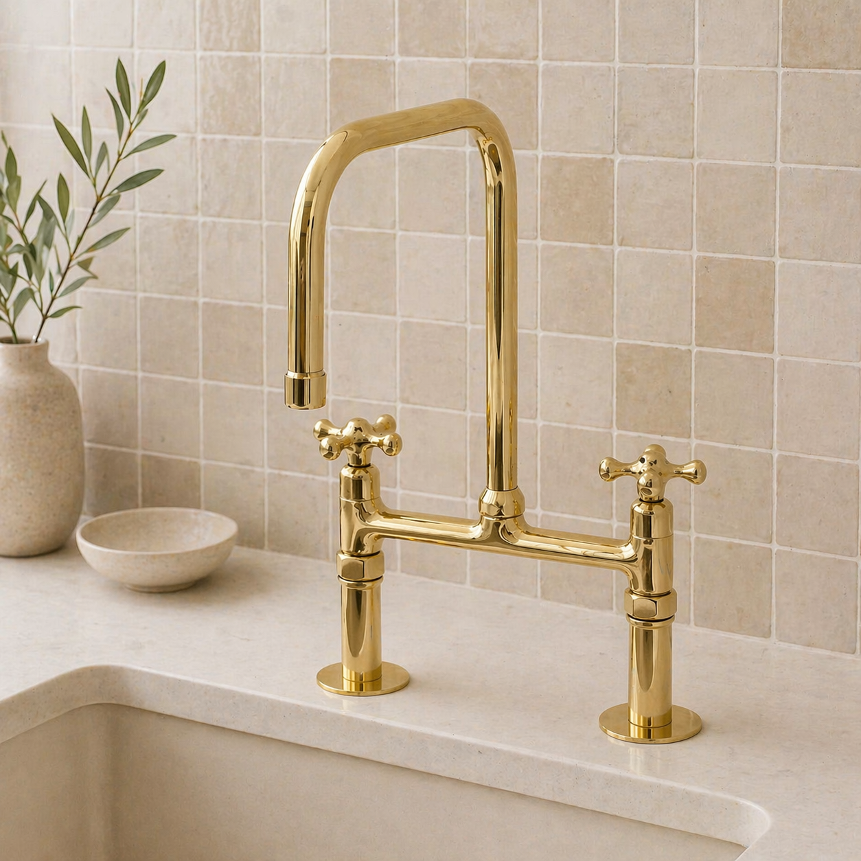 Traditional Brass Bridge Kitchen Faucet with Square Spout – 2-Hole Deck Mount