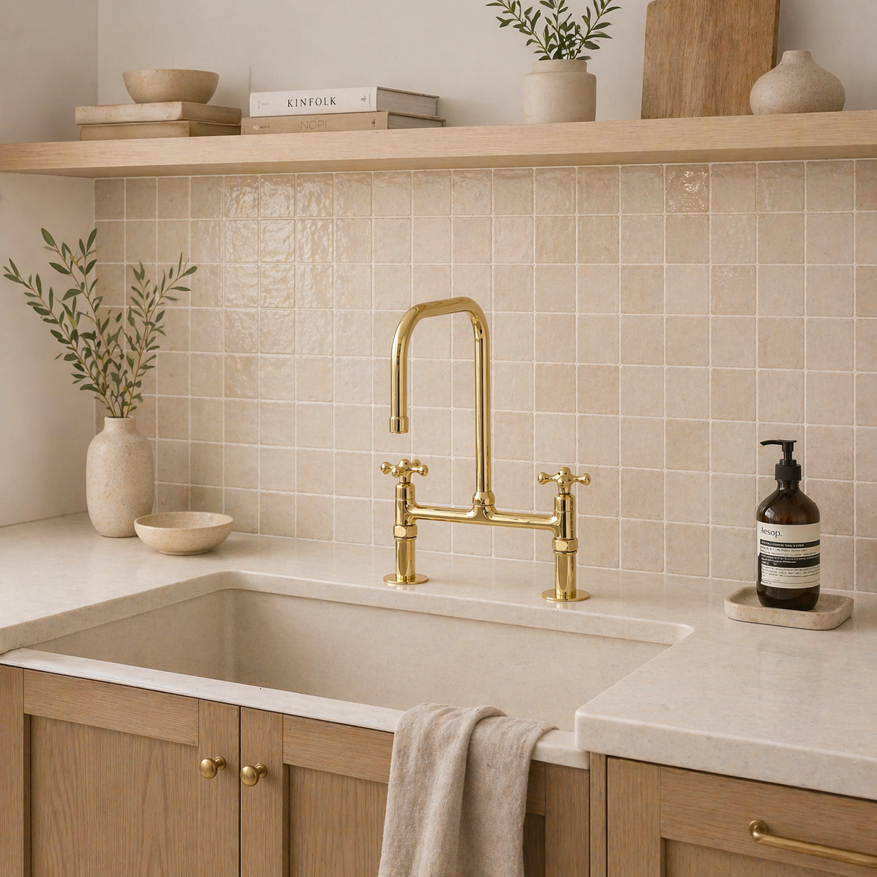 Traditional Brass Bridge Kitchen Faucet with Square Spout – 2-Hole Deck Mount