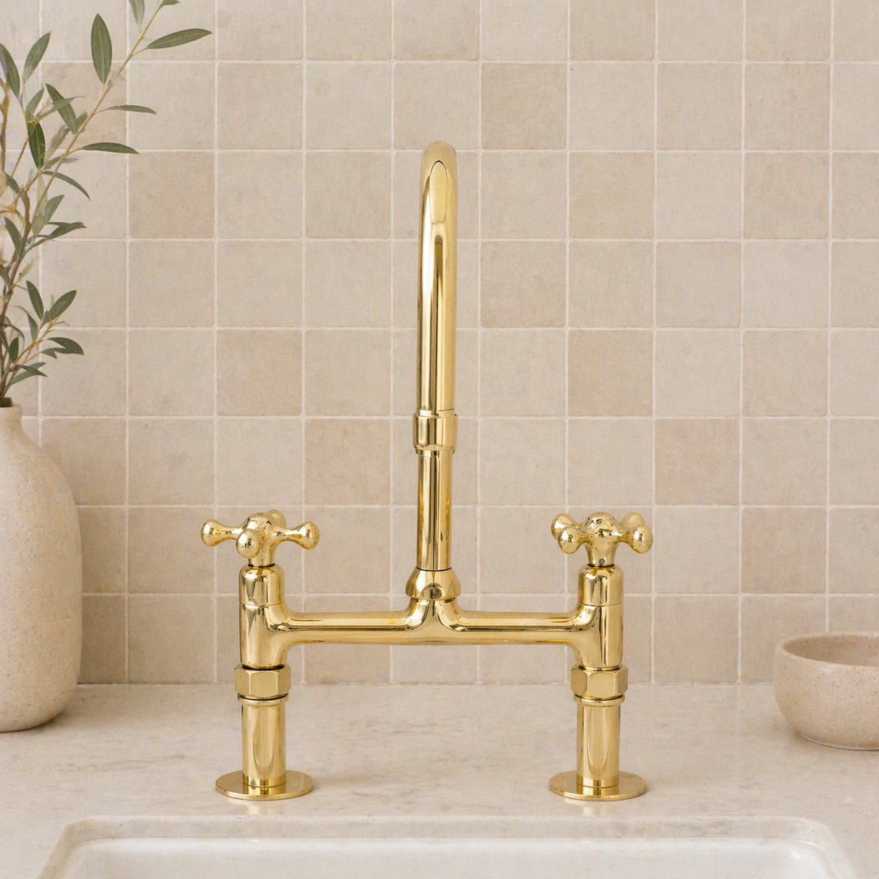 Traditional Brass Bridge Kitchen Faucet with Square Spout – 2-Hole Deck Mount
