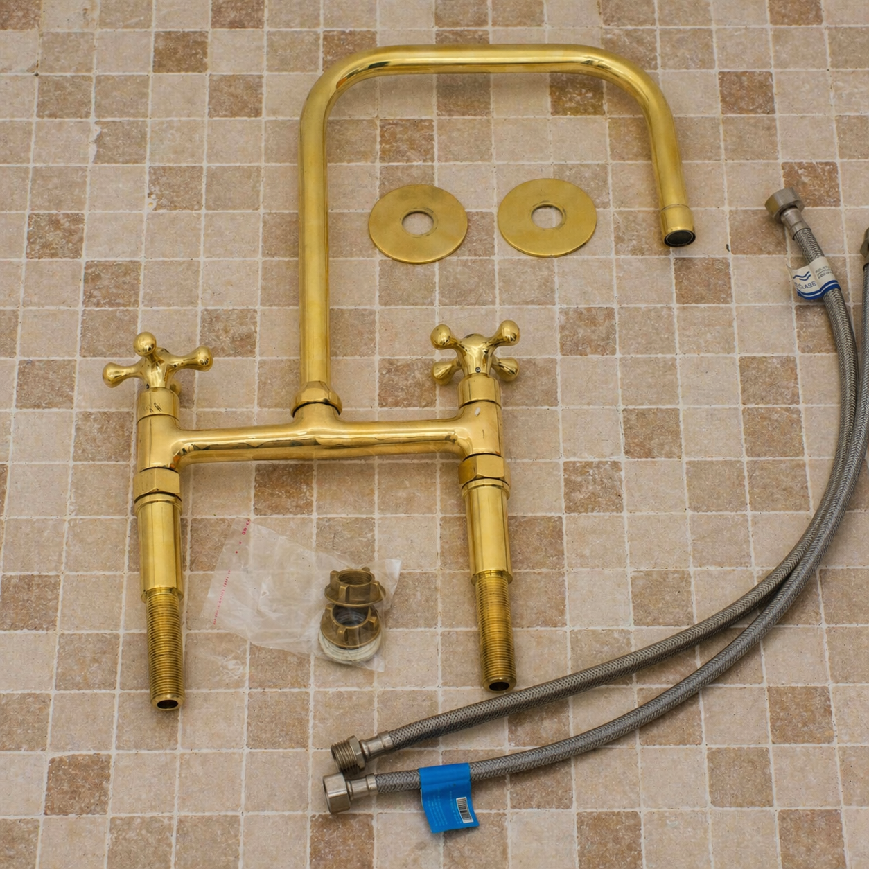 Traditional Brass Bridge Kitchen Faucet with Square Spout – 2-Hole Deck Mount