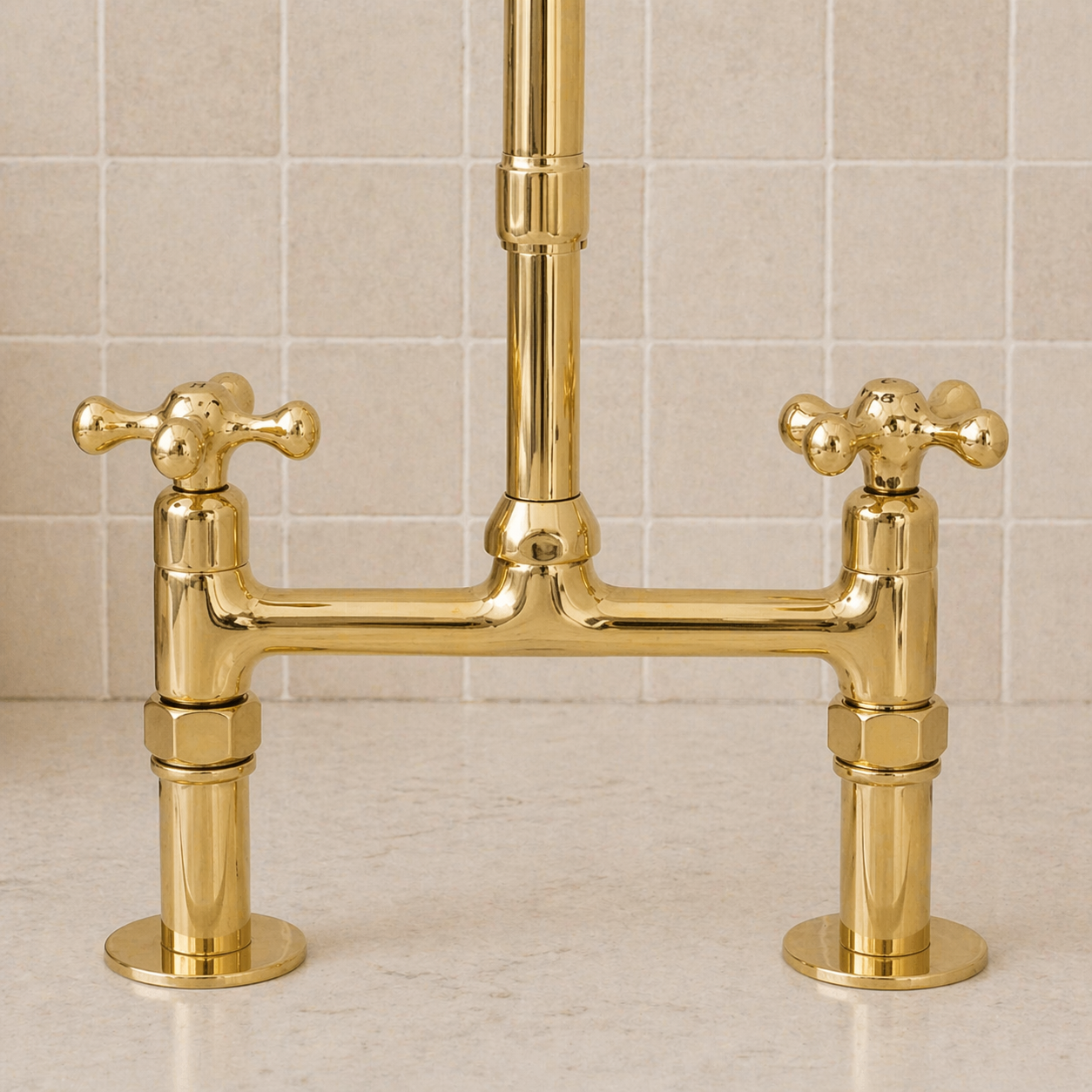 Traditional Brass Bridge Kitchen Faucet with Square Spout – 2-Hole Deck Mount