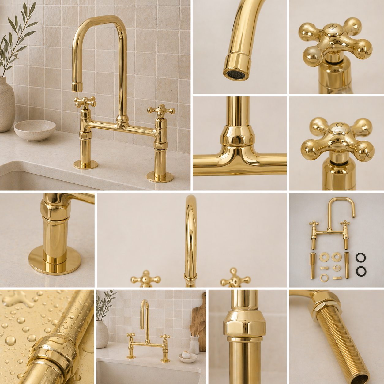 Traditional Brass Bridge Kitchen Faucet with Square Spout – 2-Hole Deck Mount