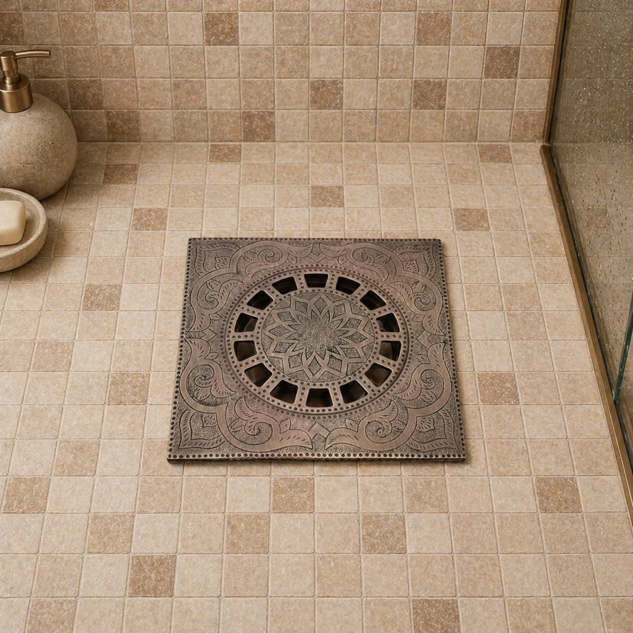 Moroccan Handmade Copper Shower Drain – Engraved Square Floor Drain Cover