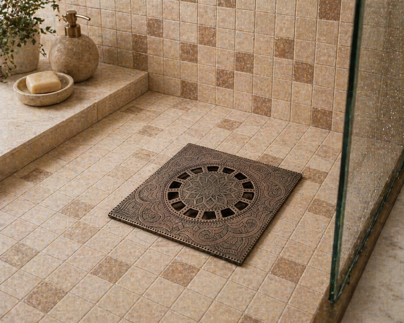 A square dark brown decorative drain cover with an embossed circular medallion pattern, placed on a beige tiled shower floor next to a glass shower door.