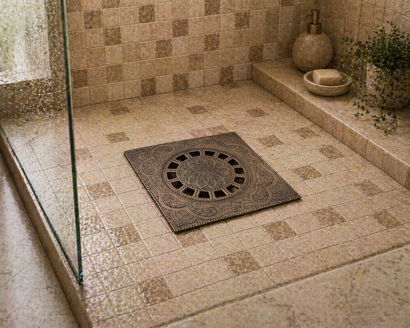 A square decorative drain cover with an embossed floral and scroll pattern, placed on a beige tiled shower floor next to a glass shower door.