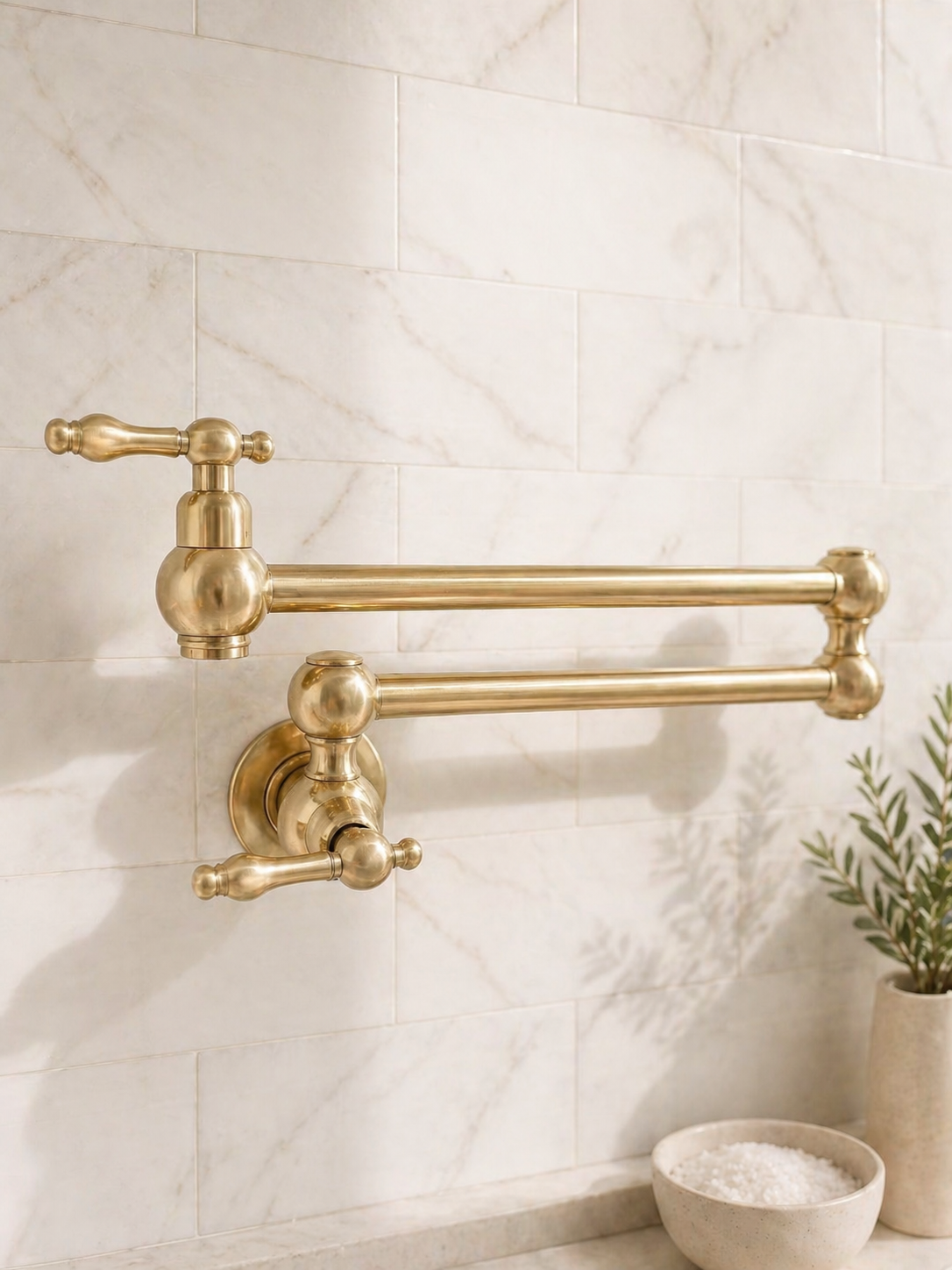 Handmade solid brass wall-mounted pot filler faucet with dual swing arms and unlacquered living brass finish installed above a kitchen stove.
