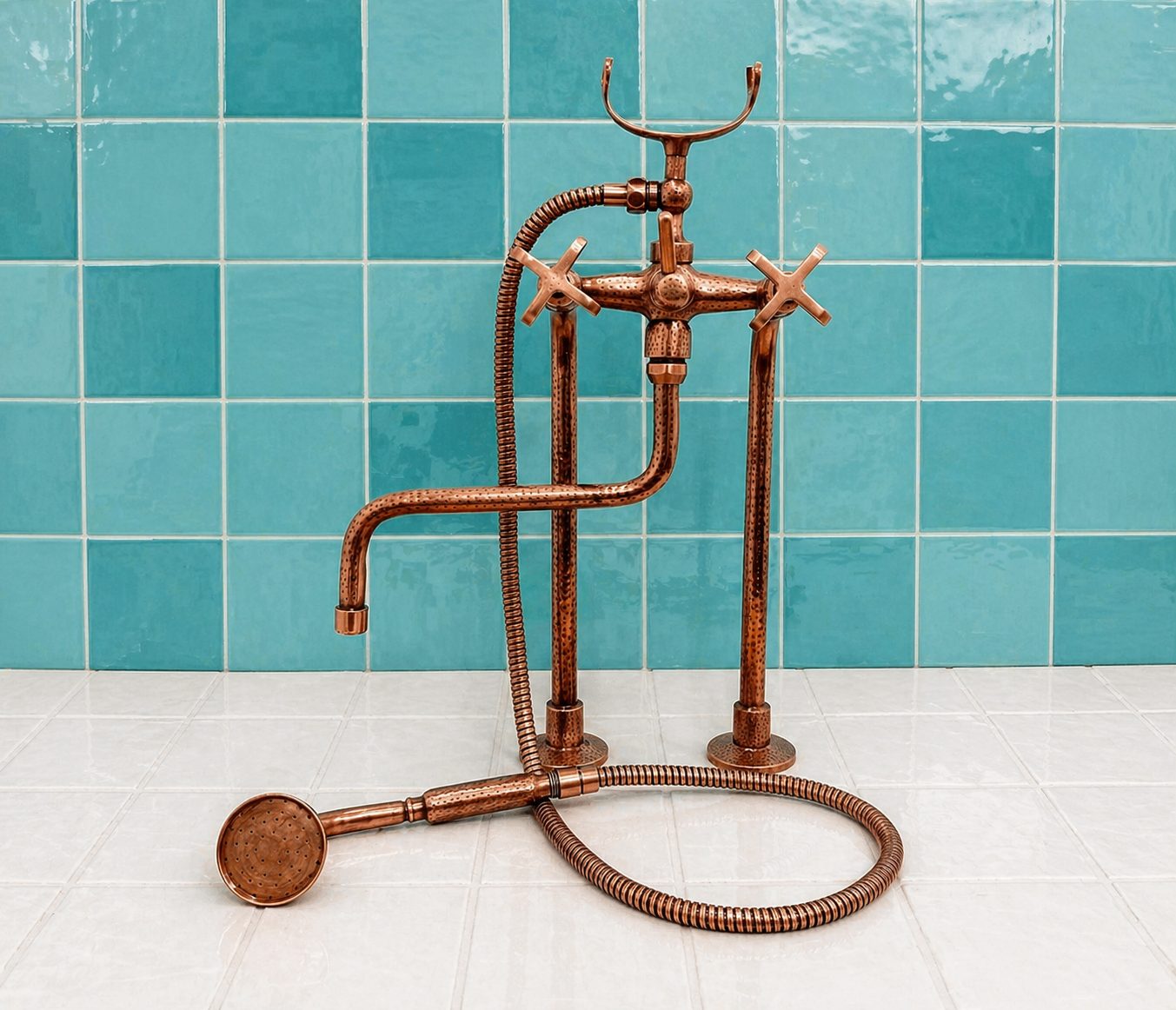 Copper finish solid brass deck-mounted tub faucet with cross handles, long spout and handheld shower