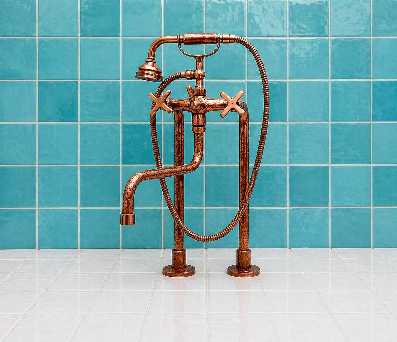 Copper finish solid brass deck-mounted tub faucet with cross handles, long spout and handheld shower