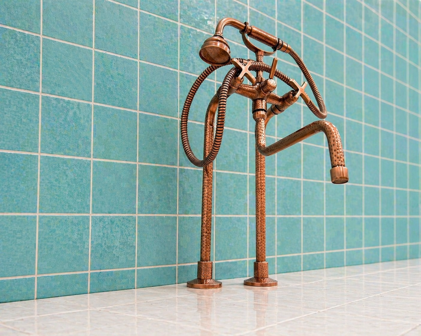 Copper finish solid brass deck-mounted tub faucet with cross handles, long spout and handheld shower