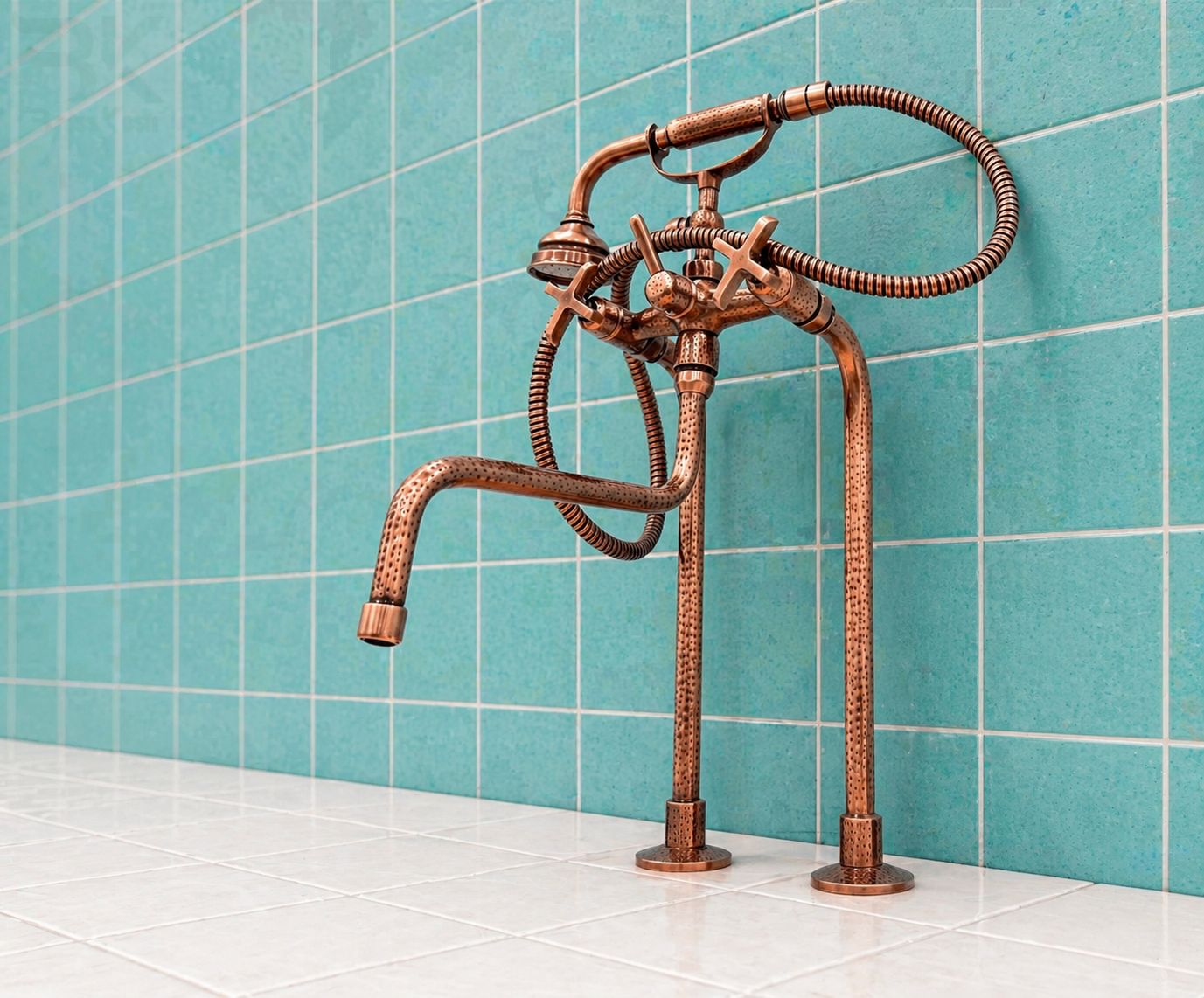Copper finish solid brass deck-mounted tub faucet with cross handles, long spout and handheld shower