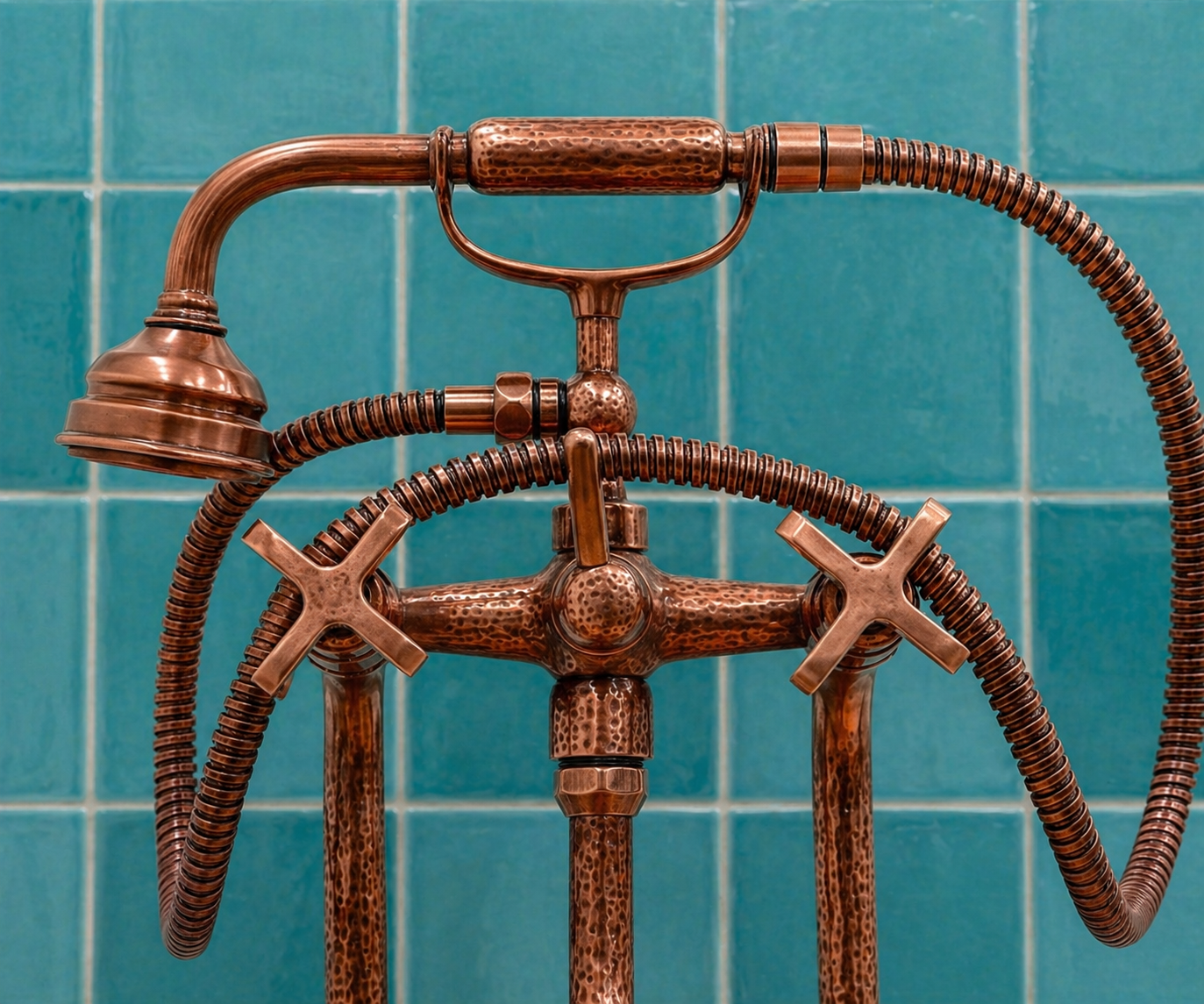 Copper finish solid brass deck-mounted tub faucet with cross handles, long spout and handheld shower