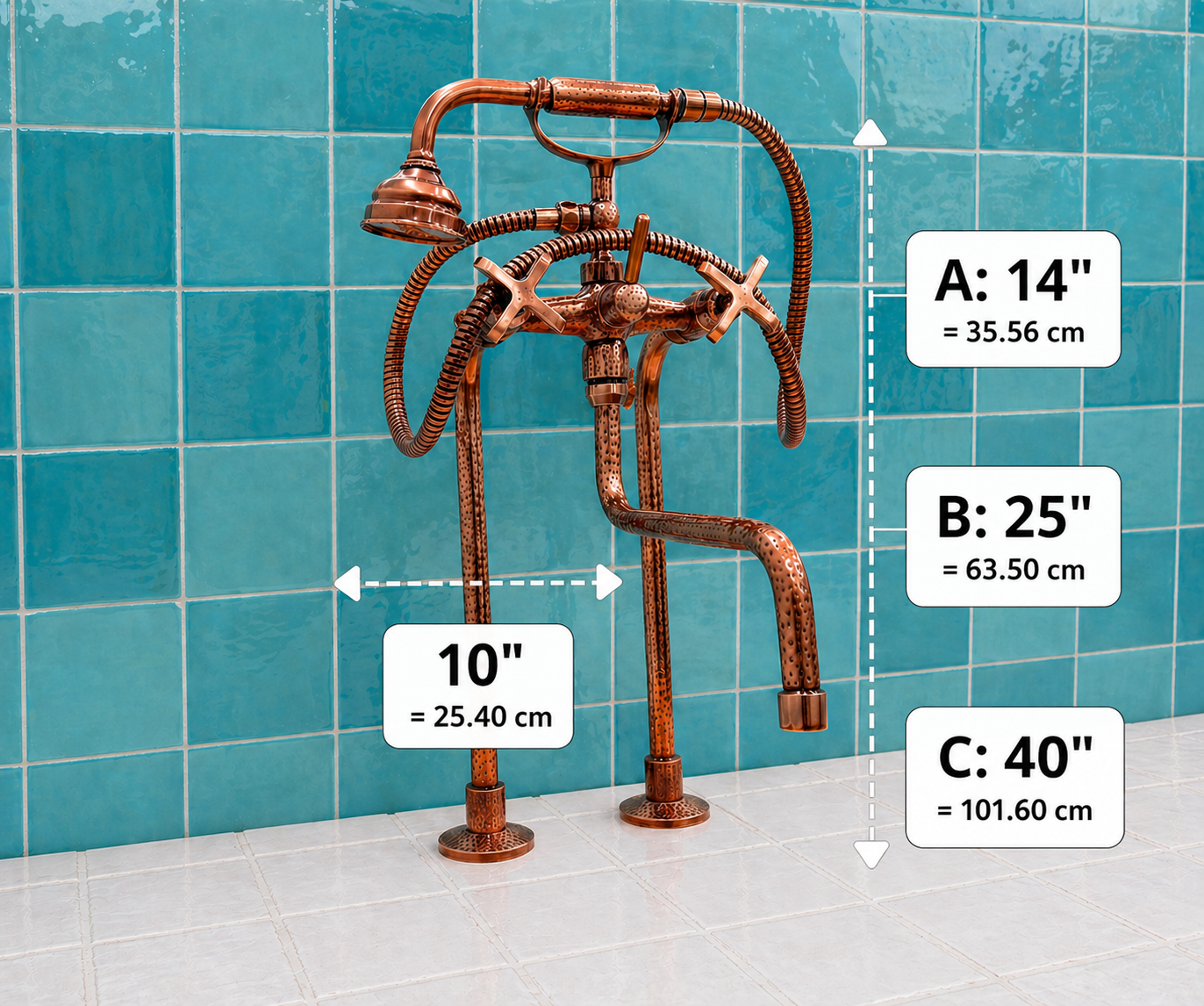 Copper finish solid brass deck-mounted tub faucet with cross handles, long spout and handheld shower