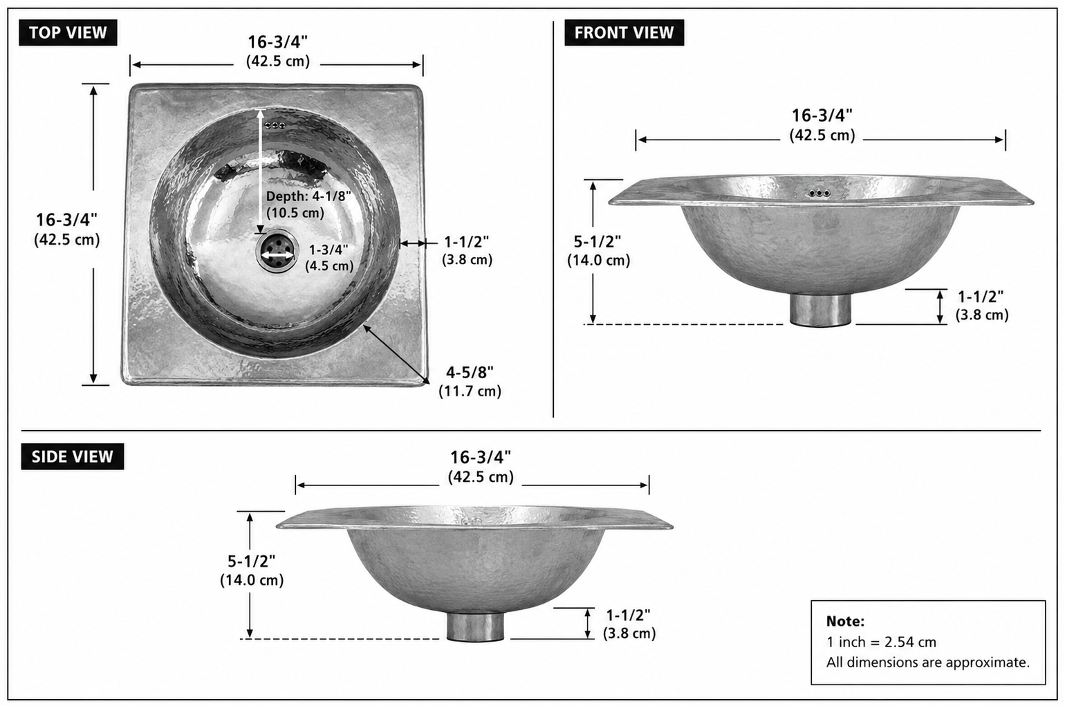 Technical dimension diagram of a metal sink basin showing top, front, and side views with measurements in inches and centimeters.