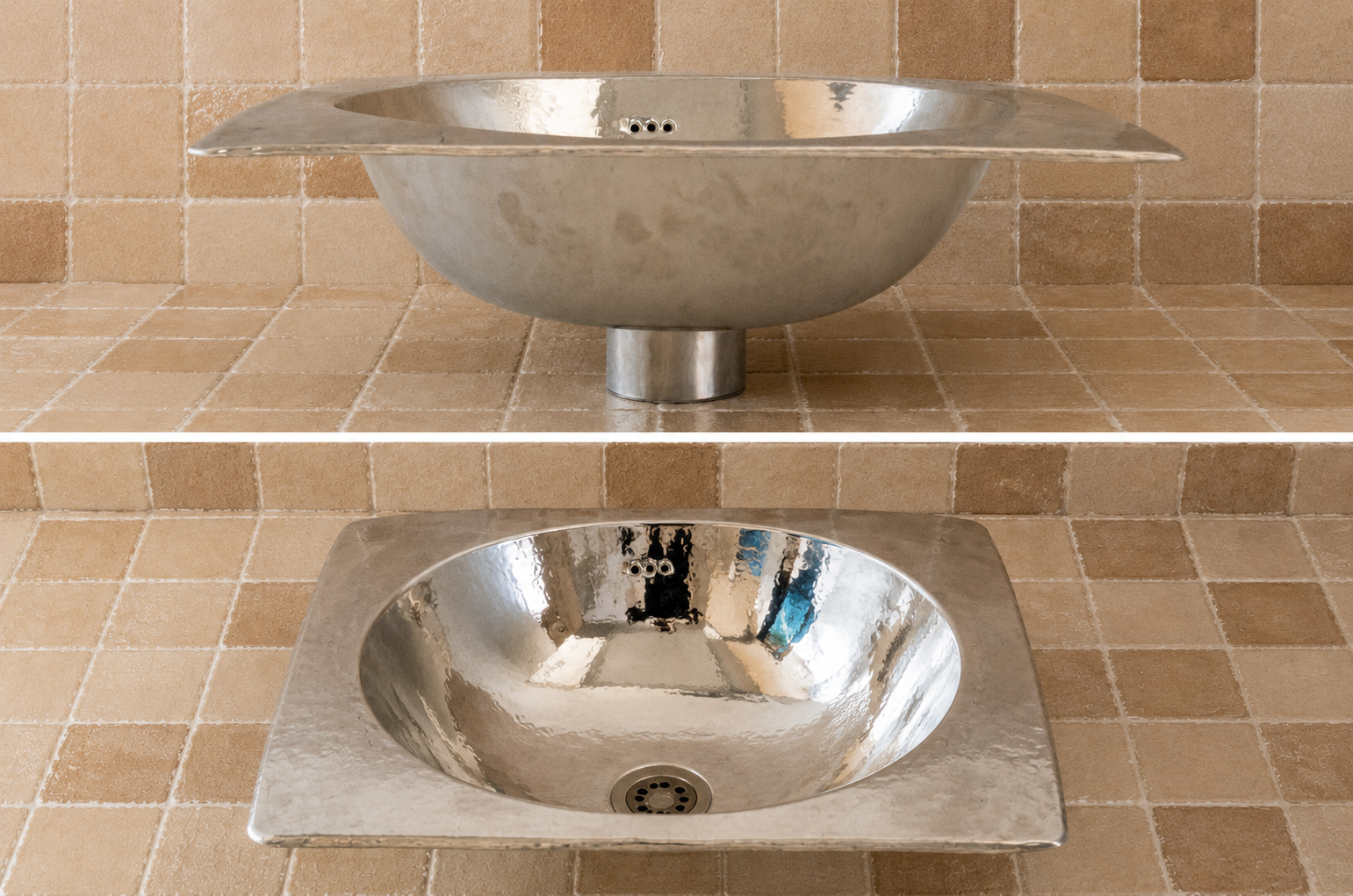 A split-screen view showing a brushed silver metal pedestal sink on a tiled beige countertop and backsplash, and a polished chrome-look bowl sink with a square frame on a matching tiled surface.