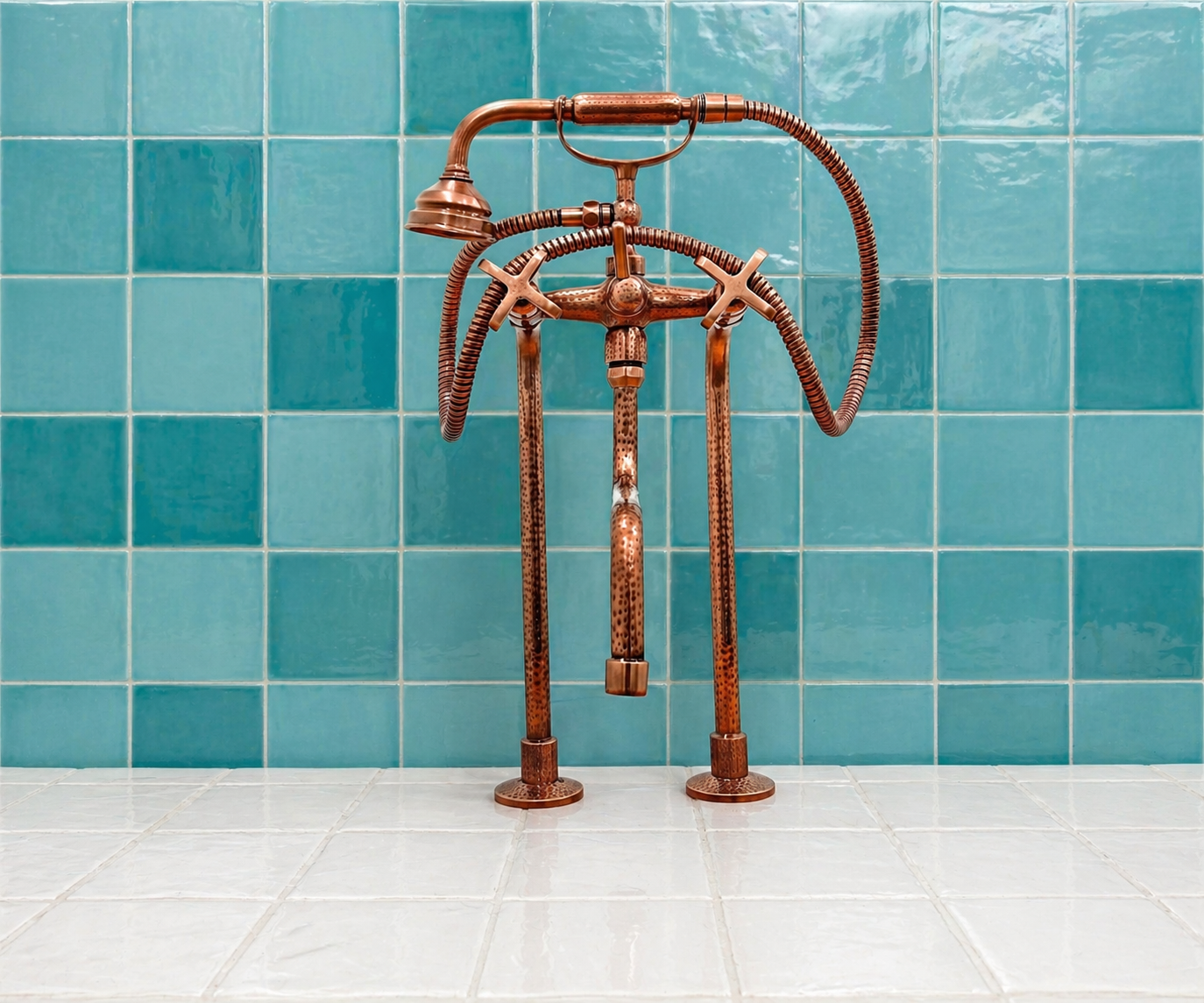Copper finish solid brass deck-mounted tub faucet with cross handles, long spout and handheld shower