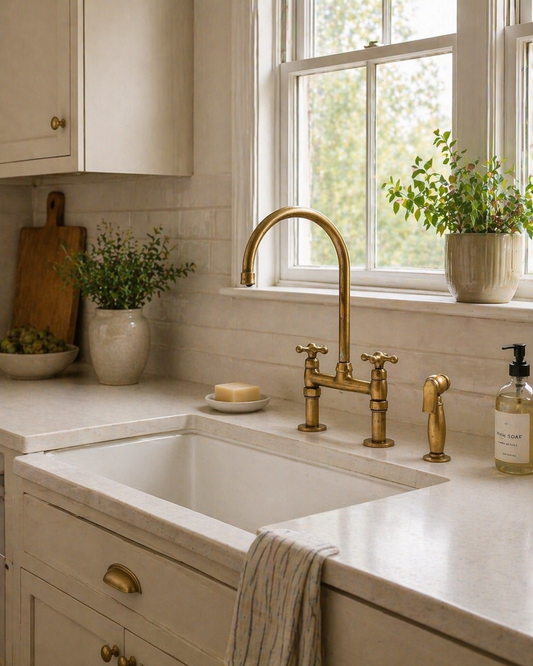 Unlacquered brass bridge kitchen faucet with side sprayer installed beside a farmhouse sink