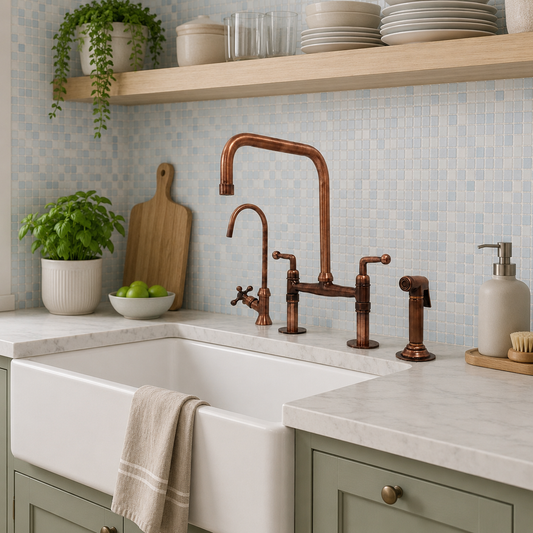 Aged copper bridge kitchen faucet with lever handles, high-arc spout, handheld sprayer and filtered-water tap