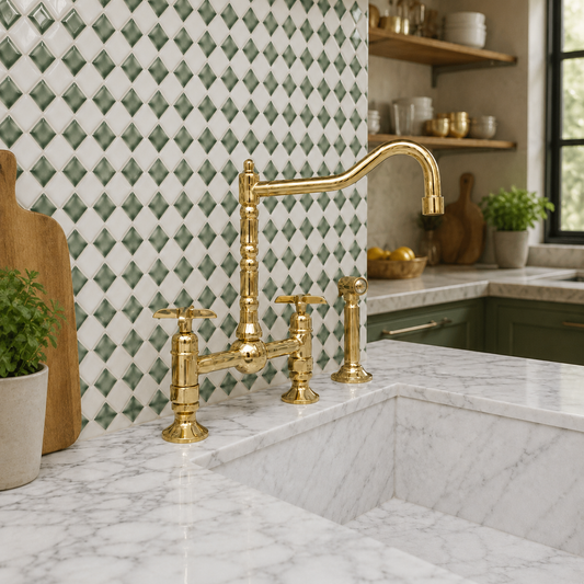 Anber unlacquered brass bridge kitchen faucet with cross-lever handles, tall curved spout and handheld side sprayer