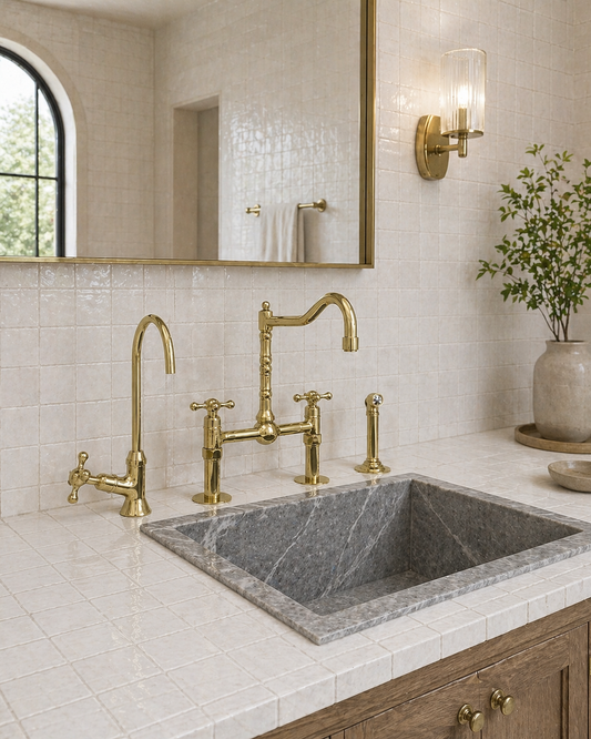 Center-ball unlacquered brass bridge kitchen faucet with cross handles, tall spout and handheld side sprayer