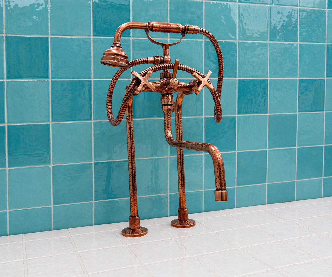 Copper finish solid brass deck-mounted tub faucet with cross handles, long spout and handheld shower