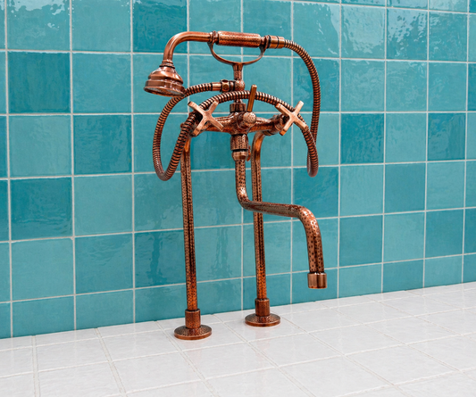 Copper finish solid brass deck-mounted tub faucet with cross handles, long spout and handheld shower