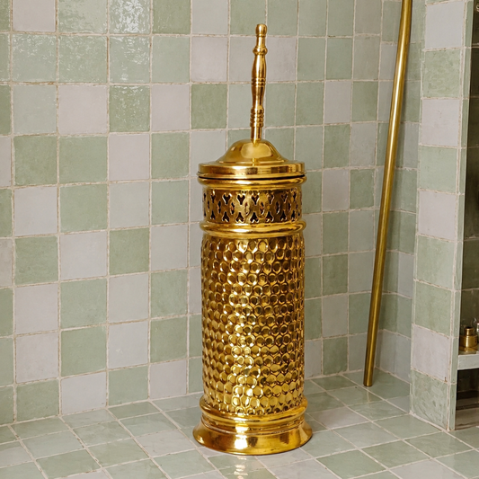 Handmade unlacquered solid brass toilet brush and holder with decorative Moroccan detailing and a living brass finish.