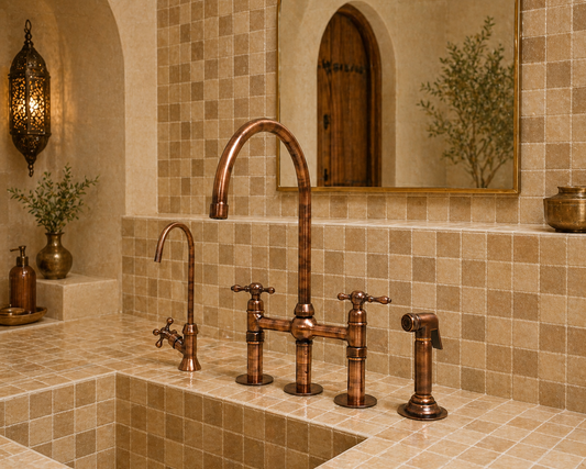 Moroccan aged copper bridge kitchen faucet with high-arc spout and handheld side sprayer