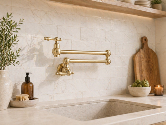 Handmade solid brass wall-mounted pot filler faucet with dual swing arms and unlacquered living brass finish installed above a kitchen stove.