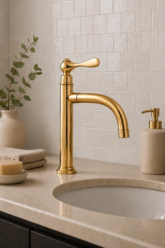 Tall unlacquered brass bathroom faucet with single lever and curved spout installed beside a vanity sink