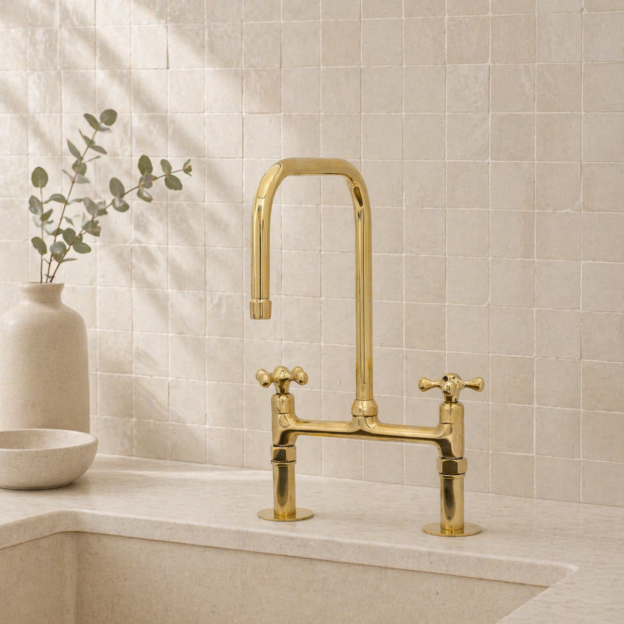 Traditional brass bridge kitchen faucet with square high-arc spout and two cross handles