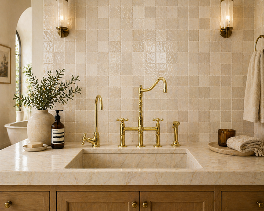 Unlacquered brass bridge kitchen faucet with cross handles, side sprayer and matching cold-water faucet