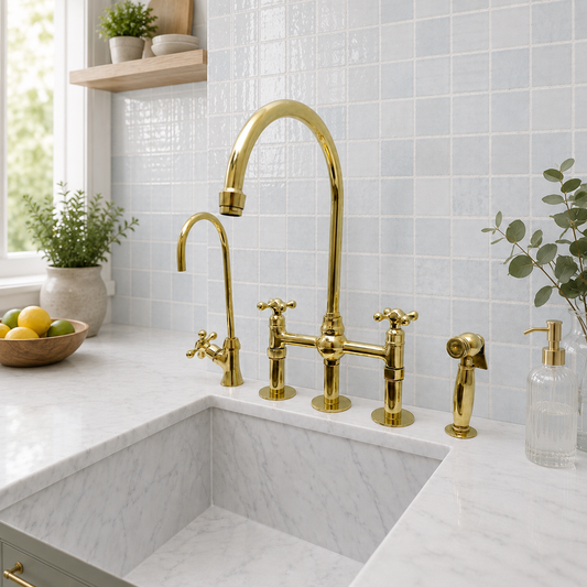 Unlacquered brass center-ball bridge kitchen faucet with lever handles, high-arc spout and handheld side sprayer