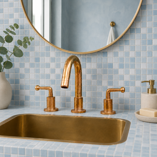 handcrafted unlacquered brass bathroom faucet with traditional lever handles