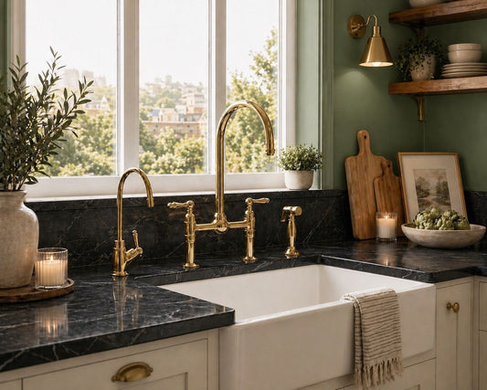 Handmade unlacquered brass bridge kitchen faucet in a luxury kitchen