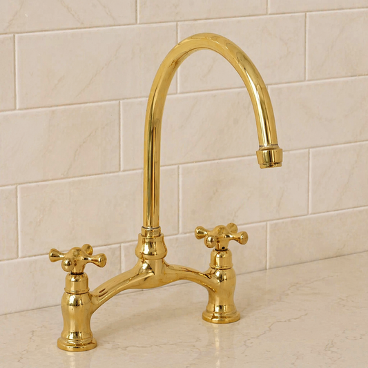 Verdeau unlacquered brass bridge kitchen faucet with cross handles and high-arc gooseneck spout