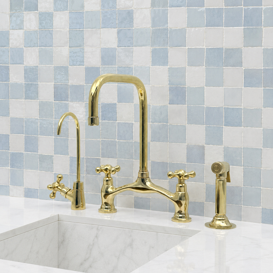 Victorian unlacquered brass bridge kitchen faucet with cross handles, square high-arc spout and handheld side sprayer